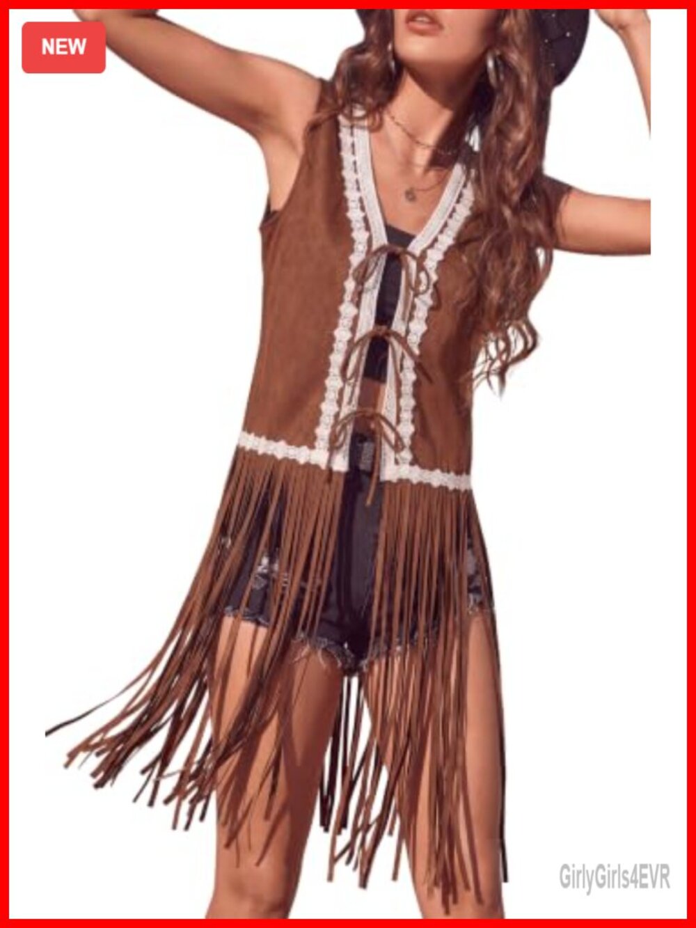 Faux Suede Fringe Vest Sleeveless Front Tie Western Cowgirl Lace Trim
